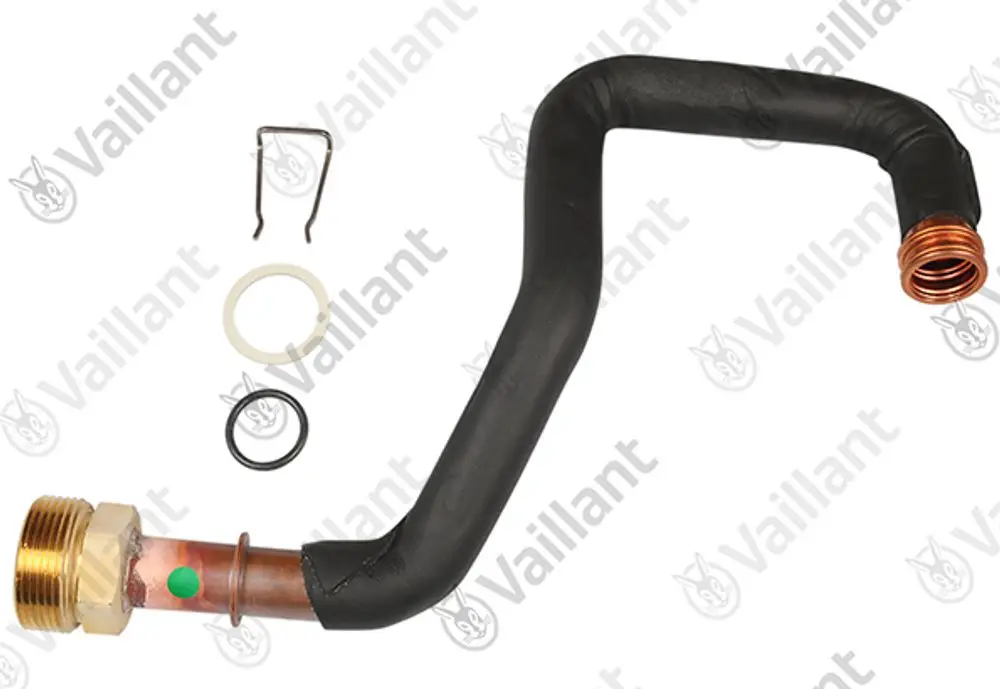 Rohr von Vaillant mit gebogener Form, aus Kupfer und Metall, mit Dichtungen und Clip zur Befestigung. Ideal für spezifische Heizungsanlagen.